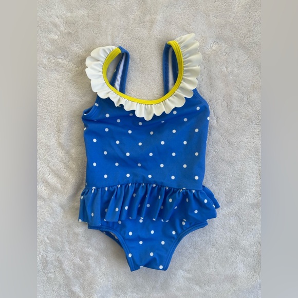 Baby Boden Swimsuit with Matching Towel (Blue with White Polkadots and Flower) - Picture 5 of 7